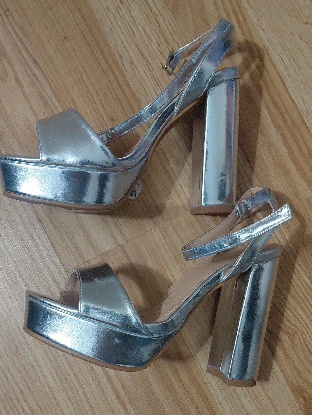 Metallic Silver Platform Block Heel Sandals - Women's
